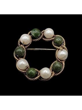 Vintage A-Z 1/20 12k Jade & Pearl Brooch Twisted Yellow Gold Filled Frame